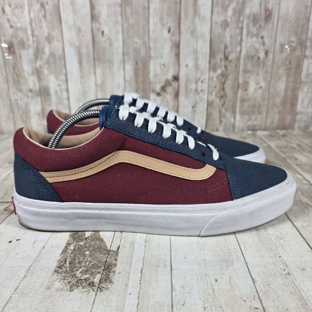 Vans Old Skool Mens 10 Navy Burgundy‎ Tan Colorblock Suede Canvas Skate Shoes
